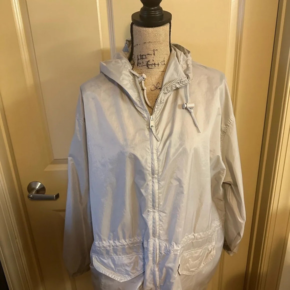 Totes Rain Hooded Rain Jacket XL Beige Khaki Drawstring Waist Pockets - Picture 3 of 7